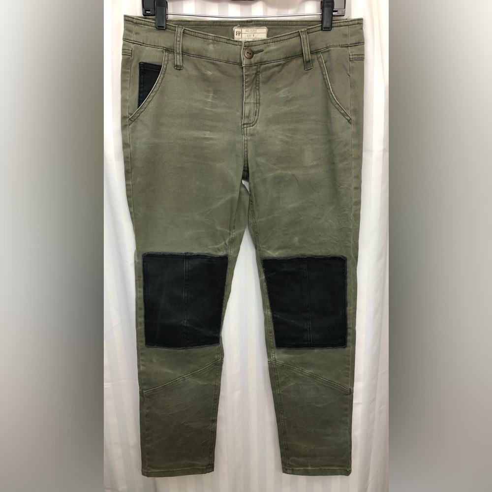 Free People Utility Olive Green Twill Pants with Black Knee Patches